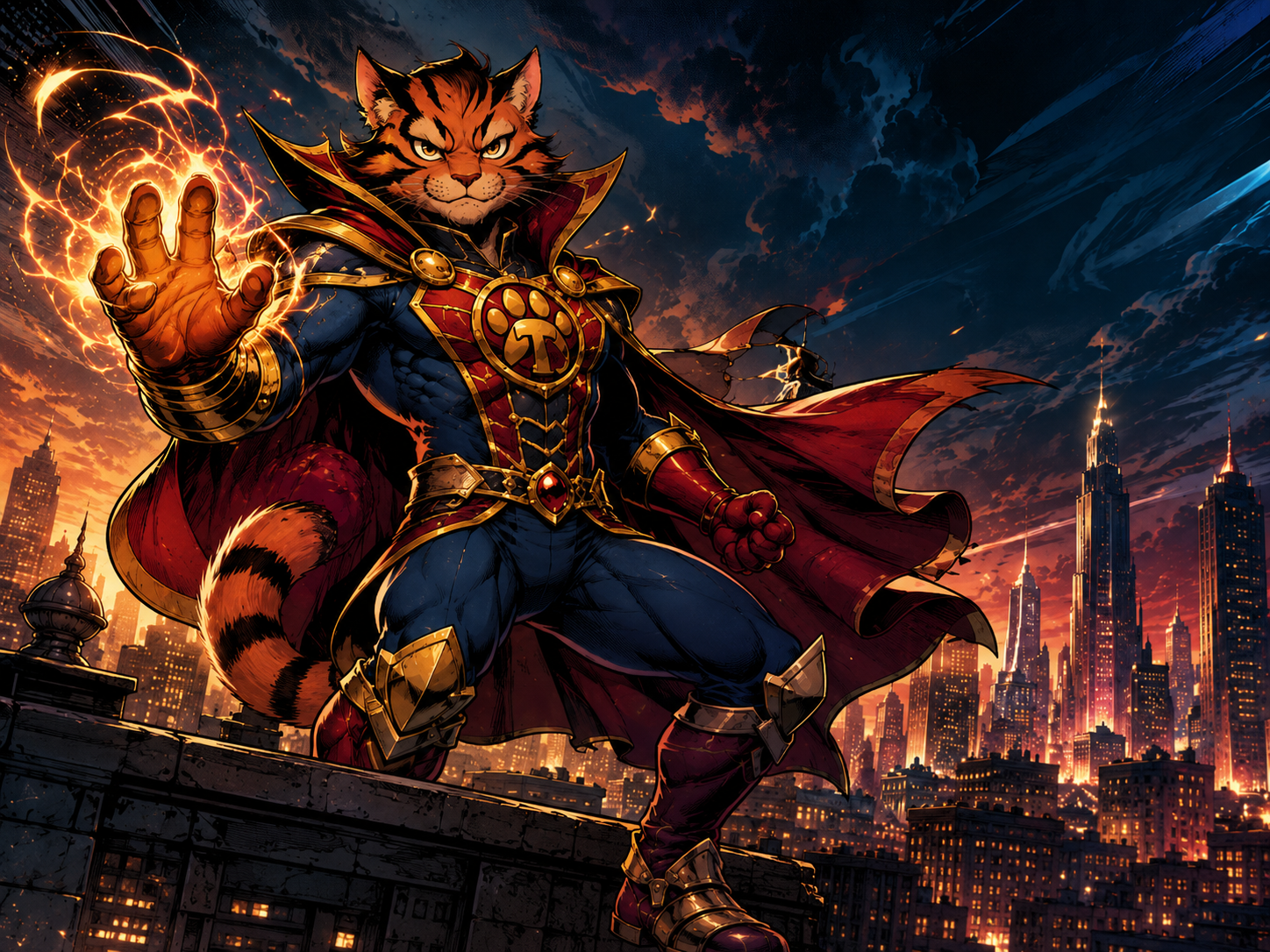 Tippy as a powerful feline superhero overlooking a glowing city